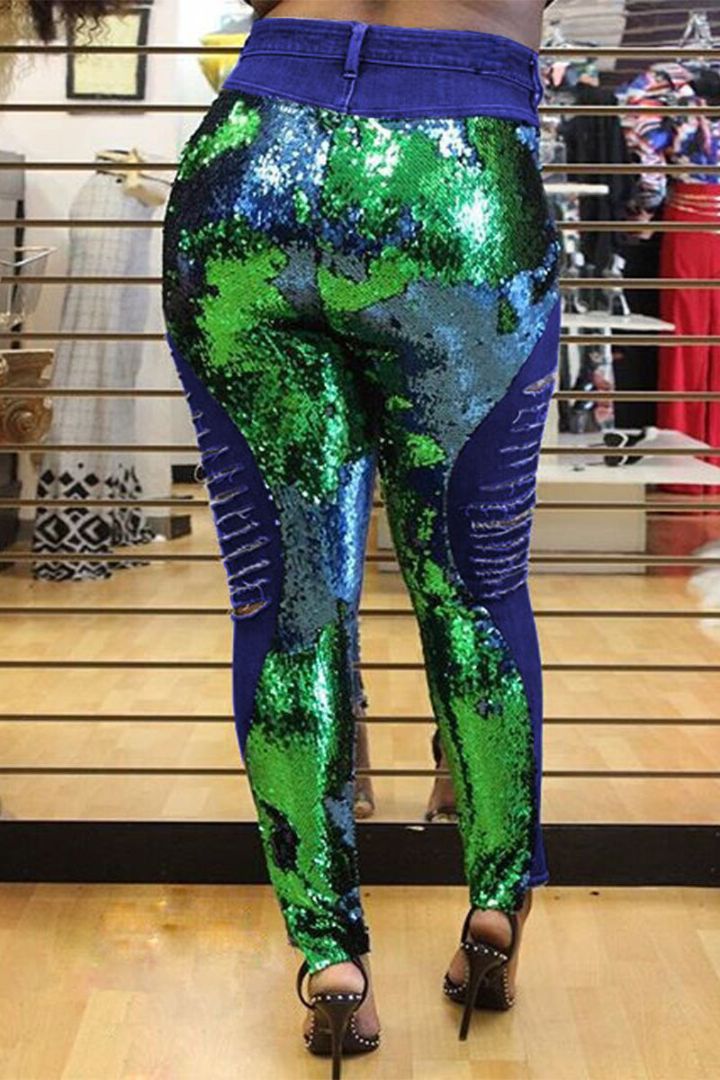 

Blue Sequins Buttons High Waist Skinny Denim