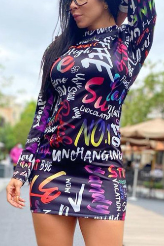 Dark Blue Casual Print O Neck Wrapped Skirt Dresses
