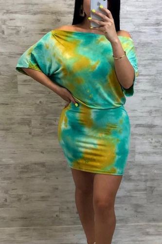 Yellow Sexy Fashion Off The Shoulder Half Sleeves One word collar Step Skirt Knee-Length Print Bl