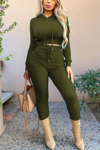 Army Green Casual Solid Patchwork Hooded Collar Long Sleeve Two Pieces