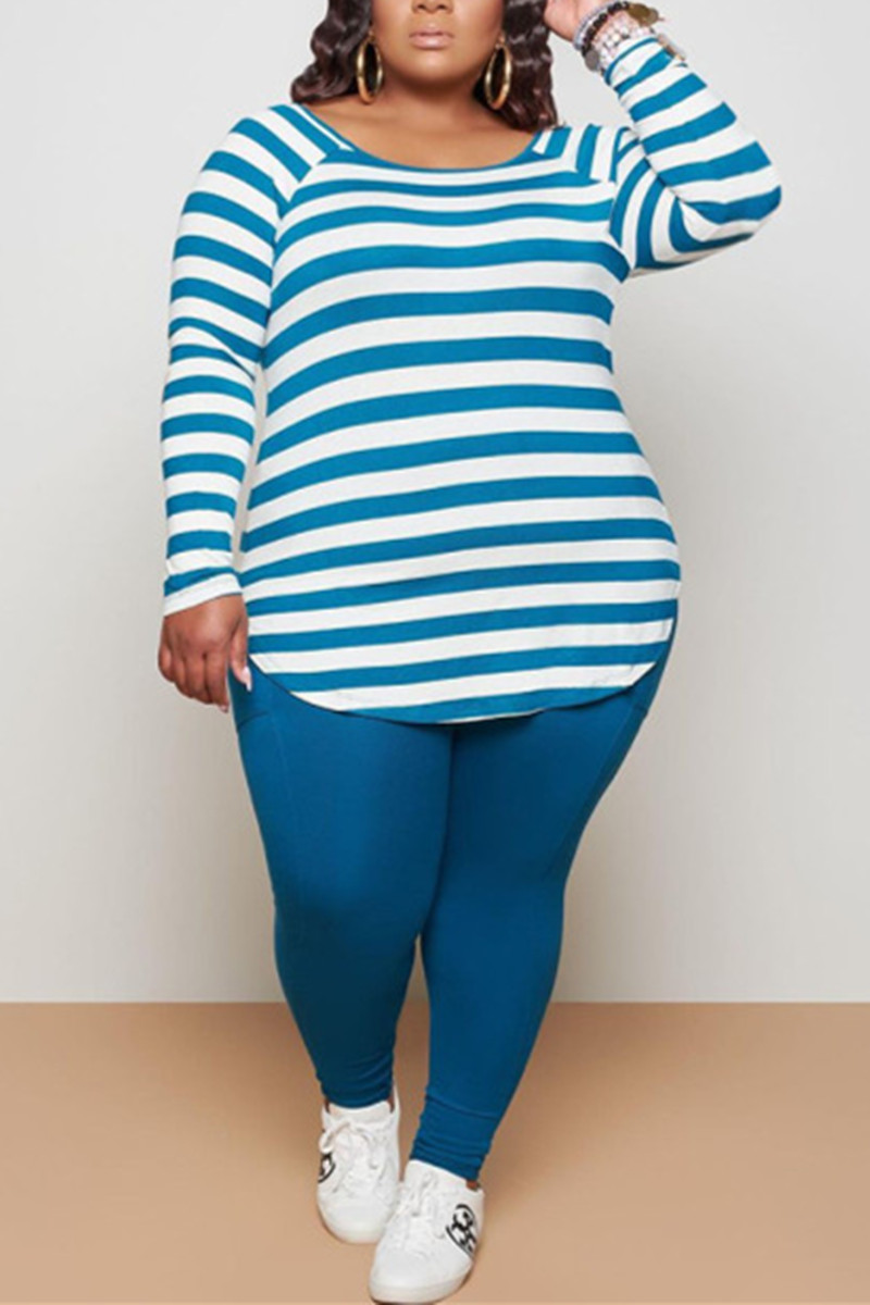 

Blue Fashion Casual Striped Print Basic O Neck Plus Size Set