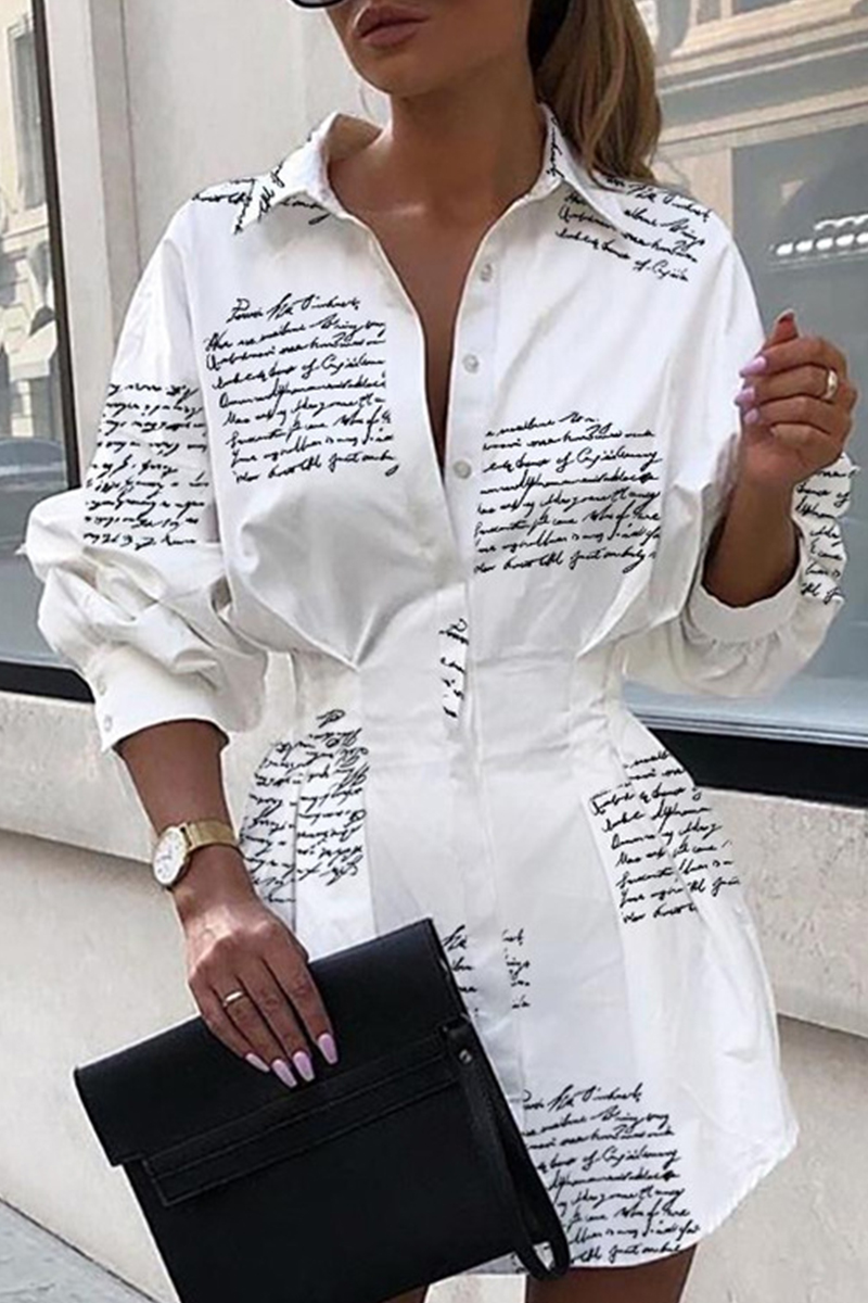 

White Fashion Casual Letter Print Shirt Dress