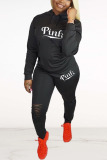 Black Sportswear Letter Hollowed Out Hooded Collar Long Sleeve Two Pieces