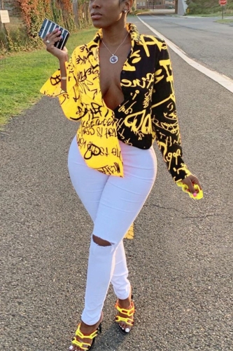 Yellow Sexy Graffiti Print Long Sleeve V-Neck Shirt