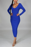 Blue Fashion Sexy Solid Basic V Neck Long Sleeve Dress Dresses