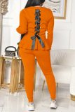Orange Fashion Casual Solid Strap Design O Neck Long Sleeve Two Pieces