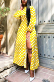 Yellow Fashion Casual Dot Print Slit O Neck Printed Dress
