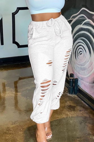 White Casual Solid Ripped Regular Bottoms