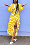 Yellow Fashion Casual Dot Print Slit O Neck Printed Dress