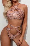 Brown Sexy Fashion Cold Shoulder Swimsuit Set