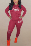 rose red Sportswear Letter Hollowed Out Hooded Collar Long Sleeve Two Pieces