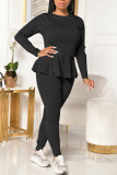 Black Fashion Casual Solid Strap Design O Neck Long Sleeve Two Pieces