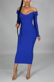 Blue Fashion Sexy Solid Basic V Neck Long Sleeve Dress Dresses