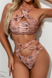 Brown Sexy Fashion Cold Shoulder Swimsuit Set