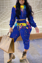 Blue Casual Print Hooded Collar Long Sleeve Two Pieces