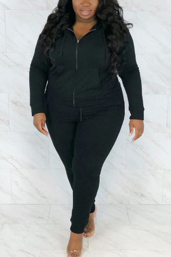 Black Sportswear Solid Hooded Collar Plus Size