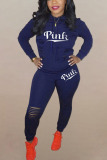Dark Blue Sportswear Letter Hollowed Out Hooded Collar Long Sleeve Two Pieces
