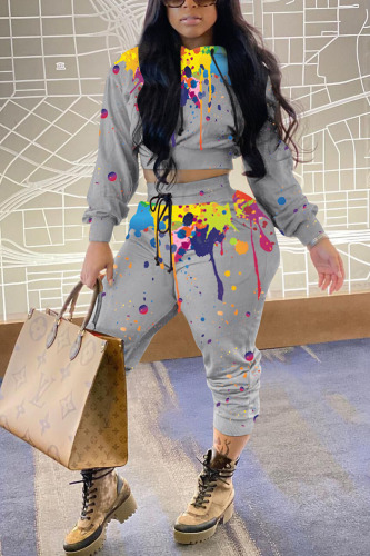 Grey Casual Print Hooded Collar Long Sleeve Two Pieces