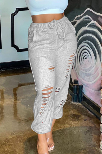 Light Gray Casual Solid Ripped Regular Bottoms