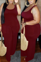 Wine Red Sexy Solid Polyester Sleeveless Slip 