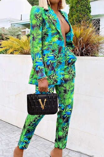 Green Fashion Casual Print Basic Turn-back Collar Long Sleeve Two Pieces