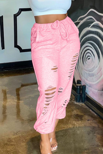 Pink Casual Solid Ripped Regular Bottoms