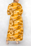 Yellow Fashion Casual Camouflage Print Basic Turndown Collar Shirt Dress