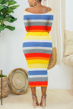 multicolor Sexy Striped Bateau Neck Wrapped Skirt Dresses