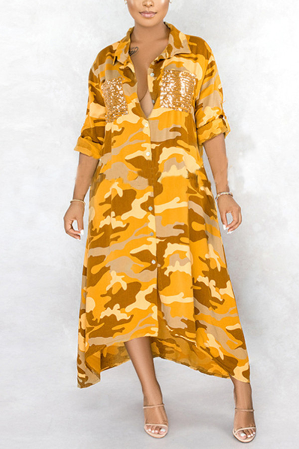 Yellow Fashion Casual Camouflage Print Basic Turndown Collar Shirt Dress