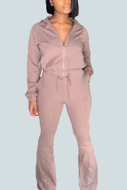 Pink Sexy Solid Turndown Collar Long Sleeve Two Pieces