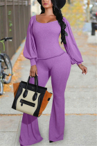 purple Fashion Casual Solid Basic O Neck Long Sleeve Two Pieces