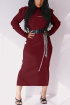 Wine Red Casual Solid Slit Turtleneck Long Sleeve Two Pieces