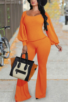 Orange Fashion Casual Solid Basic O Neck Long Sleeve Two Pieces