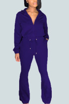 Blue Sexy Solid Turndown Collar Long Sleeve Two Pieces
