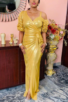 Gold Fashion Sexy Solid Slit Evening Dress