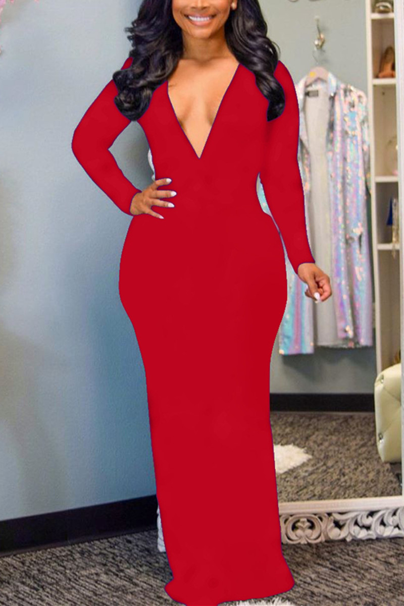 

Red Fashion Sexy Solid Basic V Neck Long Sleeve Dress