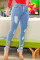 Baby Blue Fashion Casual Solid Ripped Mid Waist Skinny Jeans