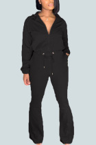 Black Sexy Solid Turndown Collar Long Sleeve Two Pieces