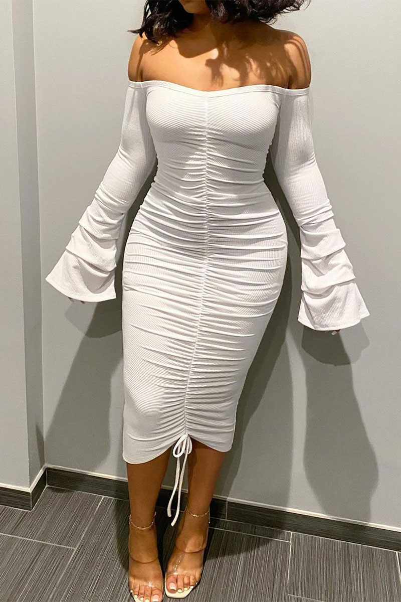 

White Sexy Solid Fold Bateau Neck Wrapped Skirt Dresses