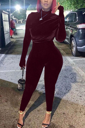Wine Red Sexy Solid Fold O Neck Skinny Jumpsuits