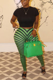 Green Fashion Casual Striped Print Basic Skinny Trousers