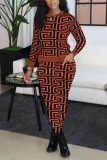 Brown Fashion Casual Print Patchwork O Neck Long Sleeve Two Pieces