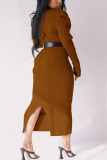 Dark Brown Casual Solid Slit Turtleneck Long Sleeve Two Pieces