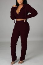 Wine Red Fashion Casual Solid Fold Hooded Collar Long Sleeve Two Pieces
