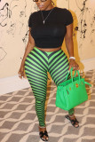 Green Fashion Casual Striped Print Basic Skinny Trousers