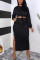 Black British Style Solid O Neck Long Sleeve Two Pieces