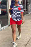 Red Fashion Casual Striped Print T-shirt Shorts Set