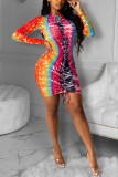 multicolor Fashion Sexy Print Draw String Strap Design O Neck Printed Dress