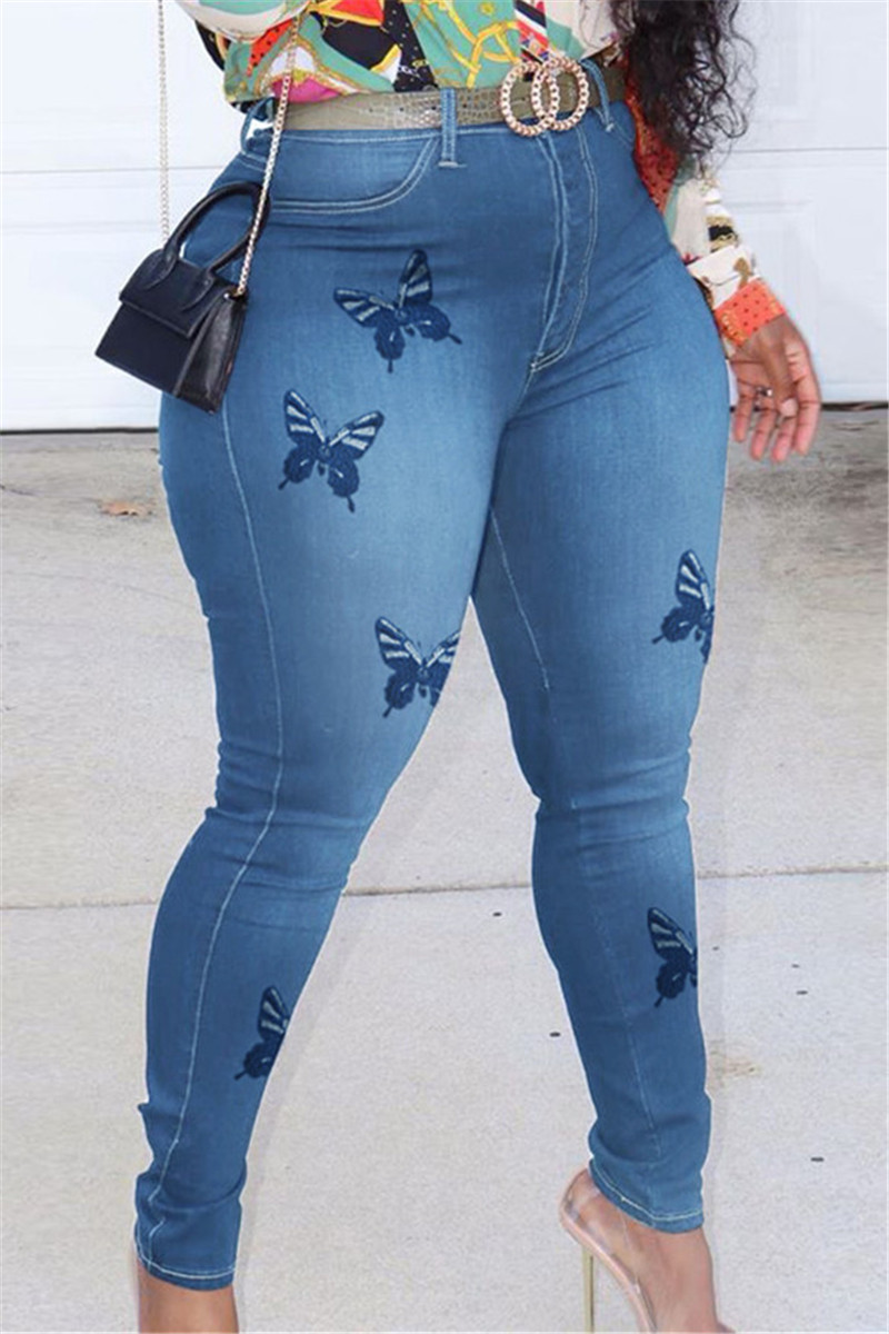 

Medium Blue Fashion Casual Butterfly Print Basic Mid Waist Skinny Jeans (Without Belt)