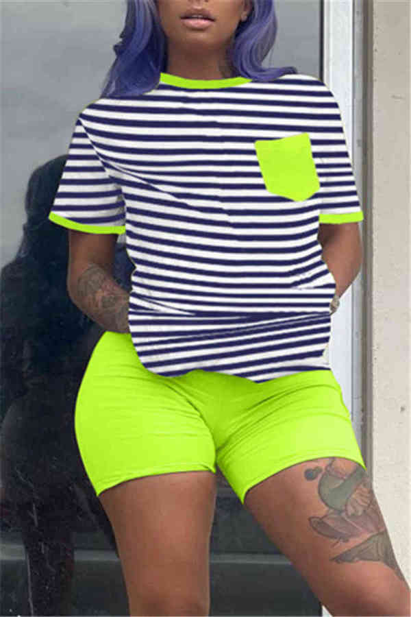 Green Fashion Casual Striped Print T-shirt Shorts Set
